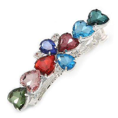 Multicoloured Acrylic Bead Floral Barrette Hair Clip Grip In Silver Tone - 80mm Across - main view