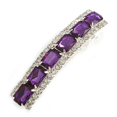 Purple Acrylic Bead/ Clear Crystal Barrette Hair Clip Grip In Silver Tone - 80mm Across - main view
