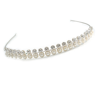 Bridal/ Wedding/ Prom Silver Tone Clear Crystal, Faux White Glass Pearl Tiara Headband - main view