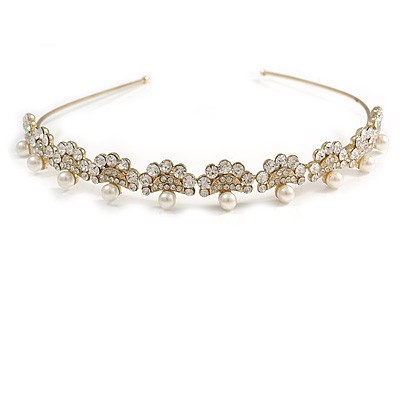 Bridal/ Wedding/ Prom Gold Tone Clear Crystal, Faux White Glass Pearl Tiara Headband - main view