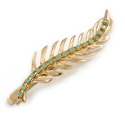 Mint Green Crystal Leaf Hair Grip/ Slide In Gold Tone - 70mm Long - main view