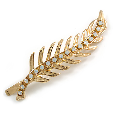 Milky White Crystal Leaf Hair Grip/ Slide In Gold Tone - 70mm Long - main view