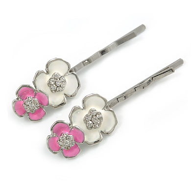2 Teen White/ Pink Enamel Crystal Floral Hair Grips/ Slides In Silver Tone - 55mm Across - main view