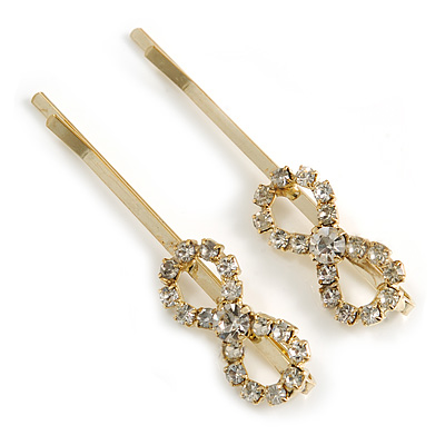 Pair Of Clear Crystal Infinity Motif Hair Slides In Gold Tone Metal - 55mm L - main view