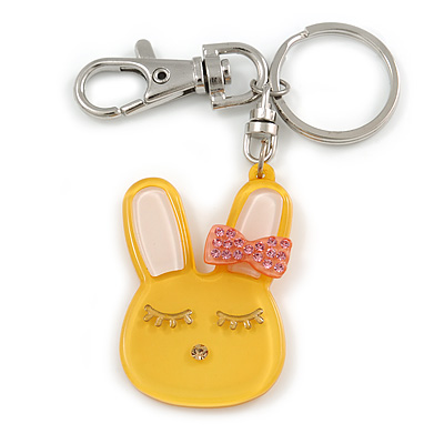 Cute Yellow Plastic Bunny Key-Ring With Crystal Bow