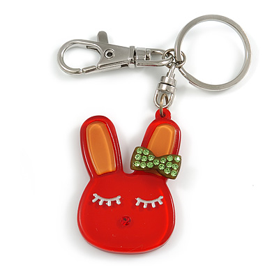 Cute Red Plastic Bunny Key-Ring With Crystal Bow - main view