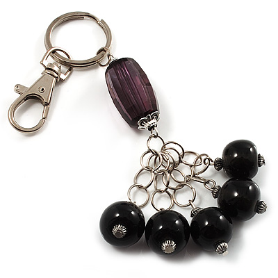 Silver Tone Ceramic Bead Charm Keyring/ Bag Charm (Black) - main view