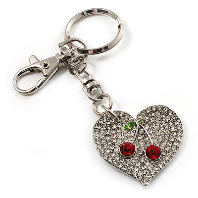 Silver Tone Swarovski Crystal Heart & Cherry Keyring/ Bag Charm - main view
