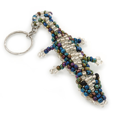 Peacock/ Transparent Glass Bead Crocodile Keyring/ Bag Charm - 17cm Length - main view