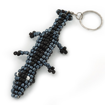 Black/ Hematite Glass Bead Crocodile Keyring/ Bag Charm - 17cm Length - main view