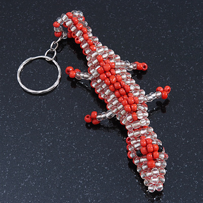 Coral/ Transparent Glass Bead Crocodile Keyring/ Bag Charm - 17cm Length