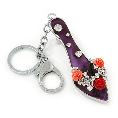 Rhodium Plated Deep Purple Enamel High Heel Shoe With Crystals And Roses Keyring/ Bag Charm - 16cm L - main view