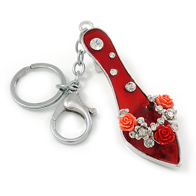 Rhodium Plated Red Enamel High Heel Shoe With Crystals And Roses Keyring/ Bag Charm - 16cm L - main view