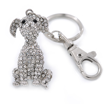 Clear Austrian Crystal Dog Keyring/ Bag Charm In Silver Tone - 11cm L - main view