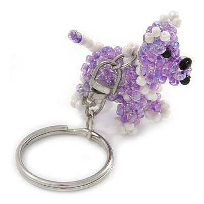 Lavender/ White Glass Bead Scottie Dog Keyring/ Bag Charm - 8cm L - main view