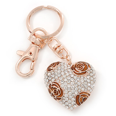 Gold Plated Brown Enamel Flower Pave Set Clear Crystal Puffed Heart Keyring/ Bag Charm - 100mm L - main view