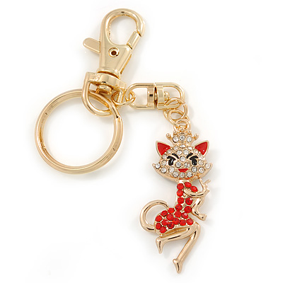 Clear/ Red Austrian Crystal Queen Kitty Keyring/ Bag Charm In Gold Tone - 11cm L - main view