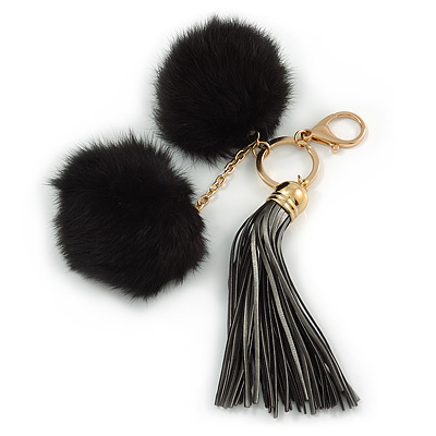 Black Faux Fur Pom-Pom and Dark Grey Metallic Faux Leather Tassel Gold Tone Key Ring/ Bag Charm - 21cm L - main view