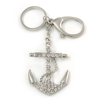 Clear Crystal Anchor Keyring/ Bag Charm In Silver Tone - 14cm L - main view