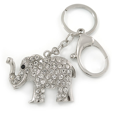 Clear Crystal Elephant Keyring/ Bag Charm In Silver Tone - 13cm L - main view