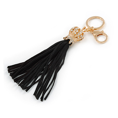 Black Suede Leather Tassel with Gold Tone Crystal Royal Crown Motif Key Ring/ Bag Charm - 21cm L - main view