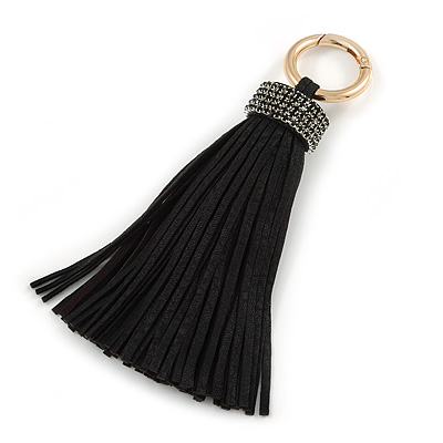 Black Suede Leather Crystal Tassel Gold Tone Key Ring/ Bag Charm - 17cm L - main view