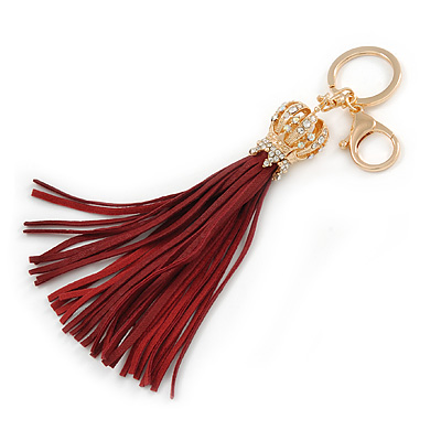 Oxblood Suede Leather Tassel with Gold Tone Crystal Royal Crown Motif Key Ring/ Bag Charm - 21cm L - main view