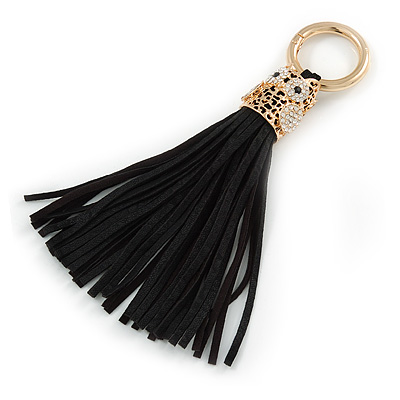 Black Suede Leather Tassel with Gold Tone Crystal Owl Motif Key Ring/ Bag Charm - 17cm L - main view