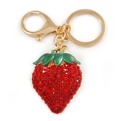 Red Crystal, Green Enamel Strawberry Keyring/ Bag Charm In Gold Tone Metal - 9cm L - main view