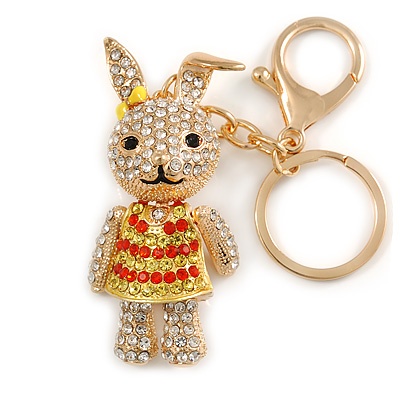 Clear/ Red/ Yellow Crystal Happy Easter Bunny Keyring/ Bag Charm In Gold Tone Metal - 10cm L