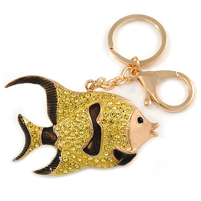Lemon Yellow Crystal, Brown Enamel Fish Keyring/ Bag Charm In Gold Tone Metal - 8cm L