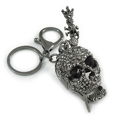 Hematite Crystal Skull Keyring/ Bag Charm In Black Tone - 10cm L - main view