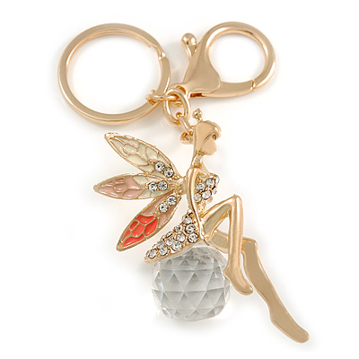 Clear Crystal Pink/ White Enamel Fairy With Glass Ball Keyring/ Bag Charm In Gold Tone Metal - 9cm L - main view