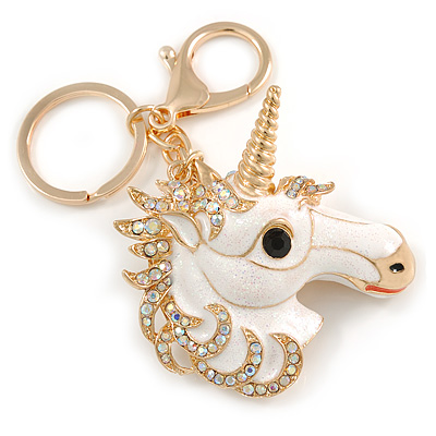 AB Crystal, White Enamel Glitter Unicorn Keyring/ Bag Charm In Gold Tone Metal - 10cm L - main view