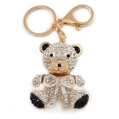 Clear/ Ab/ Black Crystal Teddy Bear with Bow Keyring/ Bag Charm In Gold Tone Metal - 9cm L - main view