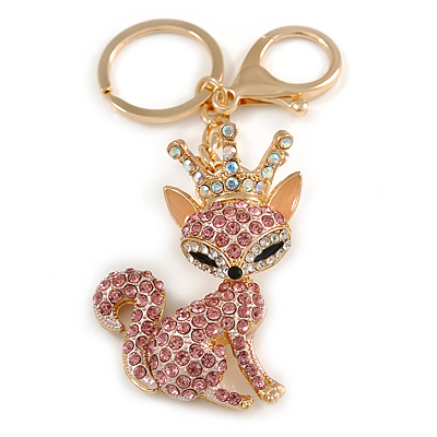 Pink/ Ab Crystal Queen Fox Keyring/ Bag Charm In Gold Plating - 10cm L - main view
