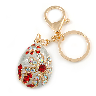 Ab/ Red Crystal Off White Enamel Happy Easter Egg Keyring/ Bag Charm In Gold Tone Metal - 8cm L - main view