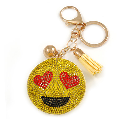 Yellow/ Red/ Black Crystal Smiling Face Keyring/ Bag Charm In Gold Tone Metal - 12cm L - main view