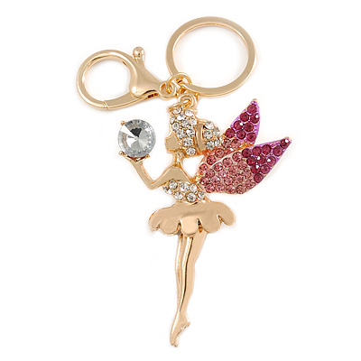 Clear/ Pink Crystal Fairy With Glass Ball Keyring/ Bag Charm In Gold Tone Metal - 11cm L - main view