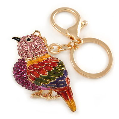 Pink Crystal Multi Enamel Robin/ Bullfinch Bird Keyring/ Bag Charm In Gold Tone Metal - 9cm L
