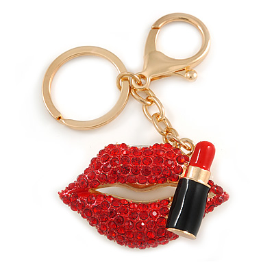 Sexy Red Crystal, Black Enamel Lips and Lipstick Keyring/ Bag Charm In Gold Tone Metal - 7cm L - main view