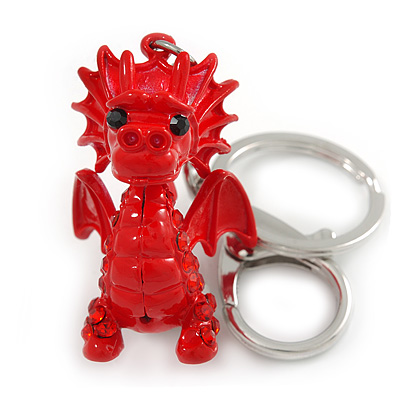 Red Crystal, Red Enamel Baby Dragon Keyring/ Bag Charm In Silver Tone Metal - 8cm L - main view