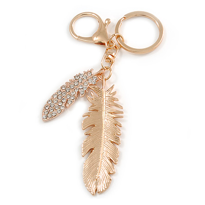Clear Crystal Feather Keyring/ Bag Charm In Gold Tone Metal - 13cm L