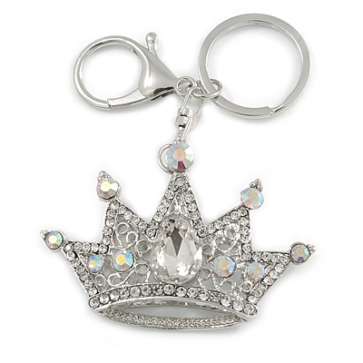 Clear/ AB Crystal Crown Keyring/ Bag Charm In Silver Tone - 10cm L - main view