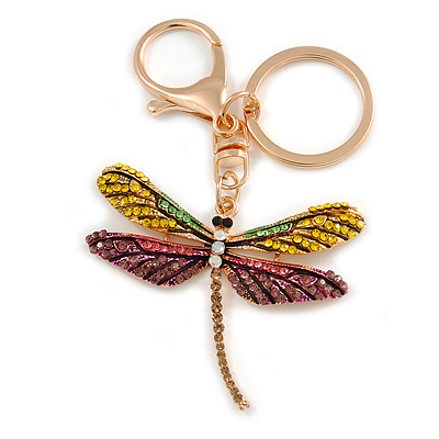 Multicoloured Crystal Dragonfly Keyring/ Bag Charm In Gold Tone Metal - 10cm L - main view