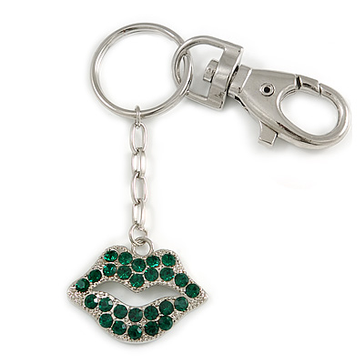 Silver Tone Green Crystal Lips Charm Key Ring - 9cm Long - main view