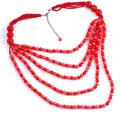 5-Strand Red Layered Bead Costume Necklace - main view