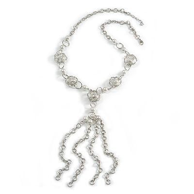 Silver Tassel Imitation Pearl Costume Necklace - main view