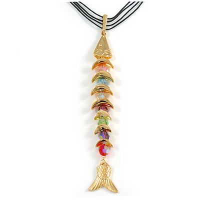 Rainbow Fish Cotton Cord Pendant Necklace (Gold Tone)
