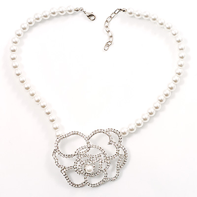 Open Rose Design Imitation Pearl Necklace